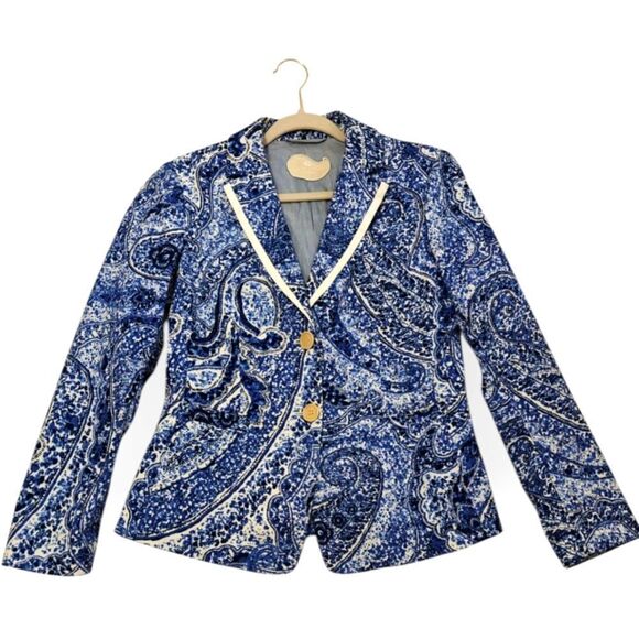 Etro Italy Cotton Blend Blue and White Paisley Blazer Sz 44 M - Picture 1 of 7
